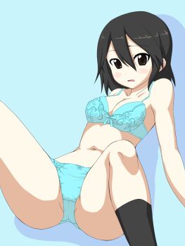 Rule 34 | 10s, 1girl, absurdres, amlrv3, aqua bra, black hair, black legwear, blue panties, blush, bow, bow bra, bow panties, bra, breasts, brown eyes, crotch seam, hair between eyes, highres, inaba himeko, kokoro connect, matching hair/eyes, medium breasts, medium hair, panties, spread legs, underwear