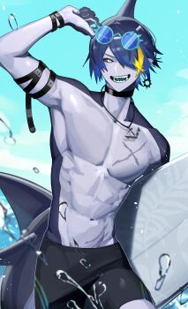 1boy absurdres black_choker black_sclera black_shorts black_straps choker colored_sclera eyewear_on_head fins fish_tail highres indie_virtual_youtuber jewelry looking_at_viewer magic_necro male_focus monster_boy necklace no_shirt pointy_ears scar scar_on_chest second-party_source shark_boy shark_fin shark_tail sharp_teeth shorts surfboard tail teeth