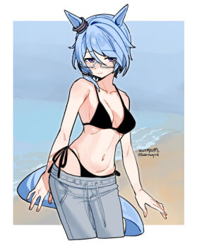 Rule 34 | 1girl, animal ears, bare shoulders, beach, bikini, black bikini, blue eyes, blue hair, blush, breasts, closed mouth, collarbone, commentary request, glasses, grey pants, hair between eyes, highres, horse ears, horse girl, horse tail, k.s.miracle (umamusume), looking at viewer, medium breasts, navel, ocean, pants, saramiao-chan, semi-rimless eyewear, short hair, smile, solo, stomach, swimsuit, tail, umamusume, under-rim eyewear, water