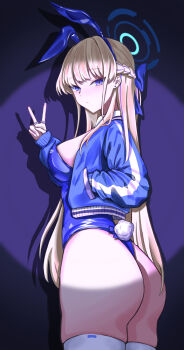 1girl absurdres animal_ears ass black_leotard blonde_hair blue_archive blue_eyes blue_halo blue_jacket breasts commentary dabrew fake_animal_ears fake_tail from_side halo highres jacket leotard long_hair looking_at_viewer medium_breasts rabbit_ears rabbit_tail solo spotlight tail thighhighs toki_(blue_archive) toki_(bunny)_(blue_archive) v very_long_hair white_thighhighs