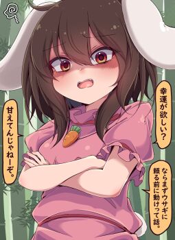1girl animal_ears bamboo bamboo_forest blush brown_hair carrot_necklace commentary_request crossed_arms dress floppy_ears forest highres inaba_tewi jewelry long_hair nature necklace open_mouth pink_dress puffy_short_sleeves puffy_sleeves rabbit_ears rabbit_girl short_sleeves siw0n speech_bubble touhou translation_request