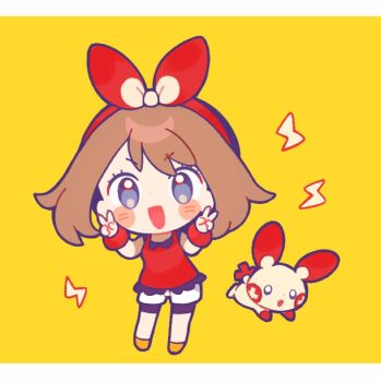 1girl black_shirt blue_eyes blush blush_stickers border bracelet brown_hair chibi commentary_request electricity full_body gen_3_pokemon inomo_(qimoshu) jewelry may_(pokemon) nintendo open_mouth plusle pokemon pokemon_(creature) pokemon_oras red_tank_top ribbon shirt shoes shorts smile standing tank_top v white_border white_shorts yellow_background yellow_shoes