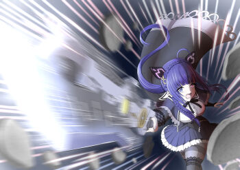 Rule 34 | 1girl, absurdres, ahoge, animal ears, assault lily, black background, black bridal gauntlets, black cape, black capelet, black pantyhose, black ribbon, black skirt, black thighhighs, blue eyes, blunt bangs, braid, breasts, bridal gauntlets, buttons, cape, capelet, cat ears, commentary request, cowboy shot, crescent, crescent hair ornament, crown braid, debris, fake animal ears, floating cape, floating hair, gradient background, hair ornament, hands up, heterochromia, highres, holding, holding sword, holding weapon, incoming attack, leaning forward, long hair, looking at viewer, low ponytail, lower teeth only, medium breasts, miniskirt, motion blur, motion lines, neck ribbon, open mouth, outstretched arm, pantyhose, pink eyes, pleated skirt, ponytail, purple hair, ribbon, school uniform, shirt, skirt, solo, speed lines, standing, sword, teeth, tetsukawa toa, thighband pantyhose, thighhighs, thighhighs over pantyhose, twin braids, underbust, v-shaped eyebrows, very long hair, weapon, white shirt, yadoo, yurigaoka girls academy school uniform