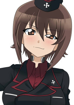 Rule 34 | 1girl, absurdres, black hat, black jacket, blush, breast pocket, breasts, brown eyes, brown hair, cross, eyes visible through hair, garrison cap, girls und panzer, hair between eyes, hat, highres, iron cross, jacket, kuromorimine military uniform, large breasts, light smile, looking at viewer, military, military hat, military jacket, military uniform, nishizumi maho, pocket, red shirt, shirt, short hair, simple background, smile, smug, solo, throat microphone, upper body, wakku kan, white background
