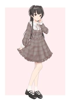 Rule 34 | 1girl, black hair, commentary request, dress, dress tug, frilled dress, frilled sleeves, frills, full body, green eyes, half updo, hand on own cheek, hand on own face, highres, idolmaster, idolmaster shiny colors, loafers, long hair, mayuzumi fuyuko, neck ribbon, pachiko, plaid clothes, plaid dress, ribbon, shoes, smile, socks, solo, white socks