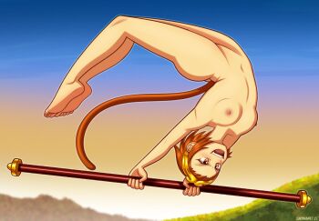 1girl acrobatics artist_name ass breasts brown_eyes brown_hair capcom curvy deadmann_artworks feet hair_ornament highres loli marvel_vs._capcom marvel_vs._capcom_2 monkey_tail navel nipples nude short_brown_hair short_hair smile soles sonson sonson_(series) staff_(weapon) sunset tail toes upside-down