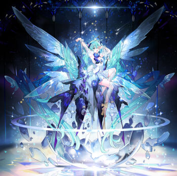 1girl absurdly_long_hair animal_print arms_up blue_bow blue_eyes blush bow breasts bug butterfly butterfly_dress butterfly_hair_ornament butterfly_print buttons chest_tattoo cleavage cleavage_cutout clothing_cutout commentary_request detached_sleeves dress egg floating floating_hair gold_ribbon hair_ornament hands_up hatsune_miku insect knee_up large_bow legs_up long_hair low_twintails medium_breasts night one_eye_closed open_mouth orb puffy_detached_sleeves puffy_sleeves purple_butterfly ribbon shards shine sky solo star_(sky) star_(symbol) starry_sky starshadowmagician tattoo translation_request twintails very_long_hair vocaloid white_bow wings yawning