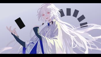 1boy black_gloves borrowed_character cloak collar commentary_request double-parted_bangs fingerless_gloves fingernails gloves gradient_background grey_background hair_between_eyes hair_over_shoulder hair_tubes highres kalomaaaaa letterboxed loading_icon long_bangs long_hair long_sidelocks long_sleeves looking_at_viewer male_focus original parted_lips pixel_art red_eyes sidelighting sidelocks smile standing upper_body very_long_hair white_cloak white_collar white_hair white_nails wide_sleeves