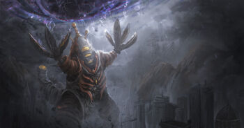 Rule 34 | alien, black electricity, building, cliff, cloud, cloudy sky, cyborg, debris, dirt, electricity, energy, energy ball, epic, fighting game, fog, giant, giant monster, gigabash, glowing, highres, jingming (tiny), kaijin, kaiju, monster, mountain, no humans, overcast, passion republic games, pincers, pipijuras, purple electricity, seijin, sky, space monster, supervillain, tail, transmission tower, video game, white electricity