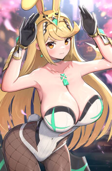 1girl absurdres alternate_costume animal_ears bare_shoulders black_pantyhose blonde_hair blush bodysuit breasts brown_pantyhose chest_jewel choker cleavage closed_mouth clothing_cutout collarbone covered_navel earrings fishnet_pantyhose fishnets floating_earrings gloves gonzarez hair_ornament hands_up highres jewelry large_breasts leotard long_hair looking_at_viewer monolith_soft mythra_(massive_melee)_(xenoblade) mythra_(radiant_beach)_(xenoblade) mythra_(xenoblade) nintendo pantyhose playboy_bunny rabbit_ears rabbit_pose rabbit_tail solo super_smash_bros. tail tiara white_choker white_leotard xeno_(series) xenoblade_chronicles_(series) xenoblade_chronicles_2 yellow_eyes