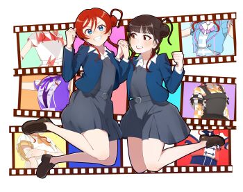 2girls absurdres belt black_hair black_shoes blue_eyes blue_jacket bracelet brown_shoes checkered_clothes clenched_hand clenched_teeth collared_shirt commentary_request daikuro_(adddaik) dazzling_game egao_no_promise film_strip full_body hair_bun hand_on_own_arm hands_up highres holding_hands interlocked_fingers jacket jewelry let&#039;s_be_one_(love_live!) long_sleeves looking_at_another love_live! love_live!_superstar!! multicolored_hair multiple_girls neck_ribbon official_alternate_costume purple_ribbon real_life red_eyes red_hair ribbon school_uniform shirt shoes short_hair_with_long_locks short_sleeves single_hair_bun smile special_color_(love_live!) superstar!!_(love_live!) teeth two-tone_hair voice_actor voice_actor_connection yabushima_akane yoneme_mei yuigaoka_school_uniform zettaiteki_lover