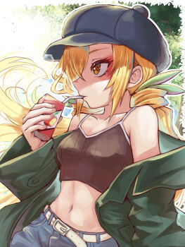 1girl alternate_costume bare_shoulders belt black_hat blonde_hair breasts collarbone commentary crop_top denim drinking_straw drinking_straw_in_mouth female_focus green_jacket hat highres inda_karane jacket jeans juice_carton kimi_no_koto_ga_dai_dai_dai_dai_daisuki_na_100-nin_no_kanojo lapi-p linea_alba long_hair low_twintails matching_hair/eyes medium_breasts midriff navel off_shoulder open_clothes open_jacket orange_eyes pants profile small_breasts solo spaghetti_strap twintails white_belt yellow_eyes