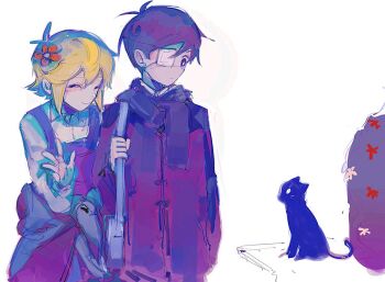 Rule 34 | 2boys, ^ ^, alternate costume, animal, antenna hair, bag, basil (faraway) (omori), basil (omori), black cat, black eyes, black hair, black jacket, black overalls, black scarf, blonde hair, bright pupils, bush, cat, chinese commentary, closed eyes, closed mouth, clothes around waist, collared shirt, commentary request, double-parted bangs, expressionless, eyepatch, facing animal, flower, grey bag, hair behind ear, hair between eyes, hair flower, hair ornament, hand up, holding, holding bag, jacket, jacket around waist, long sleeves, looking at animal, male focus, medical eyepatch, multiple boys, omori, one eye covered, outdoors, overalls, puffy long sleeves, puffy sleeves, red flower, scarf, school bag, shirt, short hair, shoulder bag, sidelocks, simple background, sunny (omori), tareme, upper body, very short hair, waving, white background, white pupils, white shirt, yoyoseafish