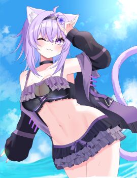 1girl absurdres ahoge animal_ears arm_up bare_shoulders bikini bikini_skirt black_choker black_jacket blue_sky blush breasts cat_ears cat_girl cat_tail choker cleavage closed_mouth collarbone collared_shirt commentary_request frilled_bikini frills hair_between_eyes hair_intakes highres hololive jacket looking_at_viewer medium_breasts medium_hair navel nekomata_okayu nogoma_(nogoma22) one_eye_closed purple_bikini purple_eyes purple_hair shirt sky smile solo stomach sweat swimsuit tail virtual_youtuber