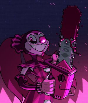1girl adventure_time alternate_costume blood blood_on_face chainsaw clown clown_nose colored_skin discount-supervillain gloves highres holding long_hair makeup parted_lips pink_eyes pink_gloves pink_hair pink_skin smile solo spinel_(steven_universe) steven_universe steven_universe:_the_movie teeth twintails