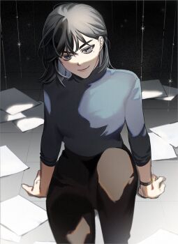 1girl black_eyes black_hair bob_cut character_request check_character han_sooyoung head_tilt highres hinizana knee_up looking_at_viewer mole mole_under_eye omniscient_reader&#039;s_viewpoint on_ground papers short_hair sidelighting sitting smirk solo sparkle tile_floor tiles