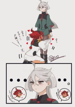 ... 2girls 715piro_gon black_boots black_pantyhose boots closed_mouth commentary_request green_jacket green_shorts grey_background grey_eyes grey_hair gundam gundam_suisei_no_majo high_heel_boots high_heels highres hugging_another's_leg jacket kneeling leg_worship miorine_rembran multiple_girls pantyhose shorts simple_background suletta_mercury translation_request twitter_username white_jacket white_shorts yuri