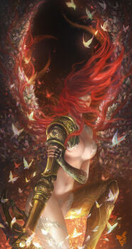 1girl absurdres breasts bug butterfly completely_nude elden_ring fingernails floating_hair highres insect large_breasts long_hair malenia_blade_of_miquella malenia_goddess_of_rot navel nude one_eye_covered on_one_knee parted_lips prosthesis prosthetic_arm prosthetic_leg red_hair red_lips solo spread_wings yao_hi