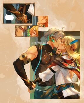 ! 2boys absurdres alhaitham_(genshin_impact) arm_belt black_gloves black_shirt blank_speech_bubble blonde_hair blush closed_eyes closed_mouth collared_shirt commentary english_commentary eye_contact feather_hair_ornament feathers genshin_impact gloves green_eyes hair_ornament hand_on_another&#039;s_chin hand_on_another&#039;s_wrist highres kaveh_(genshin_impact) kiss long_hair long_sleeves looking_at_another male_focus motion_lines multiple_boys parted_bangs partially_fingerless_gloves red_eyes shirt snifflesmp4 speech_bubble twitter_username white_shirt wide-eyed yaoi