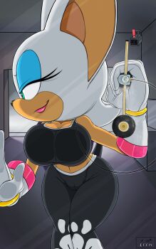 1girl against_glass alternate_costume animal_ears bare_shoulders bat_ears bat_wings bell-bottoms black_pants blue_eyes breast_press breasts breasts_on_glass cameltoe cleavage elbow_gloves eyelashes eyeshadow female_focus floral_print furrowed_brow glass gloves green_eyes half-closed_eyes highres knees_together_feet_apart large_breasts leaning_forward lipstick looking_away looking_to_the_side makeup marthedog midriff pants pink_lips rouge_the_bat skin_tight sleeveless smile smirk solo solo_focus sonic_(series) sonic_riders_(series) standing tail tank_top theft tools white_gloves wide_hips window wings