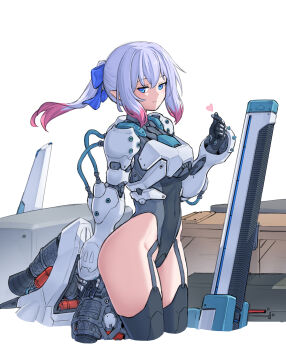 1girl absurdres armor cannon commentary_request dolls_nest exoskeleton gun highres joints korean_commentary maxilax mecha_musume mechanical_arms multicolored_hair personification robot science_fiction thrusters weapon white_hair