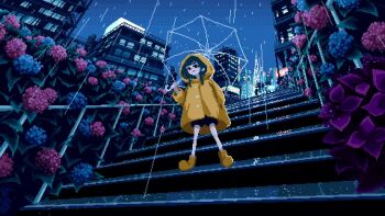 1girl akayu_pixel animated building city flower looping_animation night original outdoors pixel_art rain raincoat stairs standing tagme video yellow_raincoat