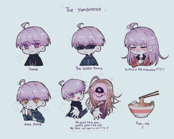 2boys ahoge applying_makeup black_sailor_collar blue_jacket blush chibi chopsticks closed_mouth colored_sclera commentary covered_face cropped_torso crossdressing crossdressing_(mtf) english_commentary english_text ff9900 food holding holding_mirror jacket long_hair looking_at_viewer makoto_kagutsuchi mask master_detective_archives:_rain_code mirror multiple_boys mystery_phantom noodles official_alternate_costume official_alternate_hairstyle open_mouth outstretched_arm purple_eyes purple_hair purple_jacket ramen red_shirt sailor_collar shinigami_(ghost)_(rain_code) shinigami_(rain_code) shirt short_hair smile sparkle spoilers sunglasses sweatdrop symbol_in_eye upper_body variations yellow_sclera yuma_kokohead