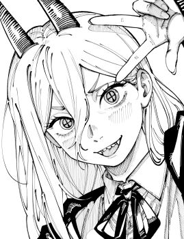 Rule 34 | 1girl, absurdres, chainsaw man, collared shirt, commentary request, cross-shaped pupils, fangs, furrowed brow, greyscale, hair between eyes, highres, horns, kani ka nanika, long bangs, long hair, long hair between eyes, looking at viewer, monochrome, neck ribbon, open mouth, power (chainsaw man), ribbon, shirt, simple background, smile, solo, symbol-shaped pupils, w, white background