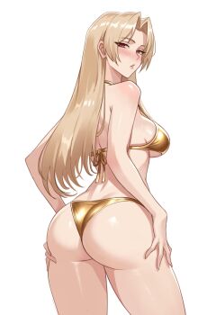 1girl absurdres ass bare_shoulders bikini blonde_hair blush breasts brown_eyes commentary cowboy_shot from_behind gold_bikini halterneck hands_on_own_ass highres jujutsu_kaisen long_hair looking_at_viewer medium_breasts parted_bangs parted_lips pcharlesart simple_background solo string_bikini swimsuit teeth thighs thong thong_bikini tsukumo_yuki_(jujutsu_kaisen) upper_teeth_only white_background