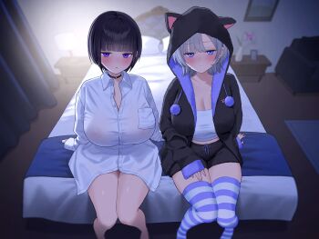 2girls animal_ear_hood animal_ears bare_legs bed bed_sheet black_choker black_hair black_hoodie black_thighhighs blue_eyes blunt_bangs breasts cat_ears choker cleavage curtains dress_shirt expressionless fake_animal_ears flower grey_hair highres hood hoodie huge_breasts indoors jfjf lamp large_breasts long_sleeves multiple_girls nipples no_bra on_bed open_clothes open_shirt orchid original picture_frame pillow purple_eyes rug see-through_clothes see-through_shirt shirt short_hair sitting striped_clothes striped_thighhighs thighhighs vase white_shirt