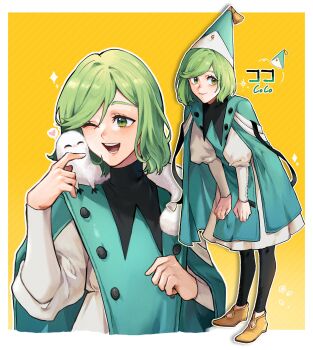 1girl black_leggings blush border brushbuddy closed_mouth coco_(tongari_boushi_no_atelier) creature full_body green_eyes green_hair hat hat_tassel heart highres leggings long_sleeves looking_at_viewer multiple_views one_eye_closed open_mouth pet qifrey's_atelier_apprentice_uniform shoes short_hair smile teeth tongari_boushi_no_atelier white_border youre_uru