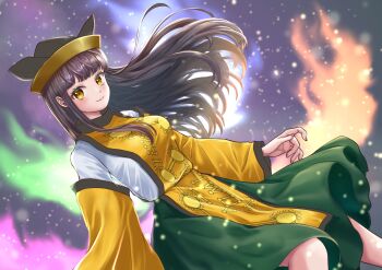 1girl alternate_hair_color breasts brown_hair brown_hat closed_mouth commentary_request constellation_print detached_sleeves energy green_skirt hat highres kyabekko long_hair long_sleeves looking_at_viewer matara_okina medium_breasts okina's_natural_hair_color orange_tabard skirt smile solo sun_print sun_symbol tabard touhou very_long_hair wide_sleeves yellow_eyes