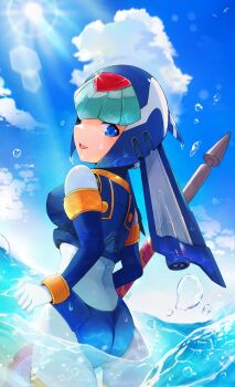 1girl android armor ass back blue_armor blue_eyes blue_helmet fairy_leviathan_(mega_man) fins forehead_jewel head_fins helmet highres looking_back mega_man_(series) mega_man_zero_(series) polearm robot_girl solo spear teto_(y3832) water weapon wet