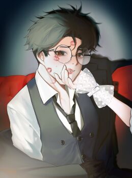 Rule 34 | 1boy, 1girl, absurdres, after kiss, alternate costume, ayase momo, black gloves, black hair, black necktie, black vest, blush, brown eyes, collared shirt, commentary, couch, dandadan, glasses, gloves, hachi (chisano hako), hand on another's chin, hand on another's face, highres, lipstick mark, lipstick mark on face, lipstick mark on neck, looking at viewer, loose necktie, necktie, on couch, out of frame, parted lips, round eyewear, shirt, short hair, sweatdrop, takakura ken (dandadan), upper body, vest, white shirt