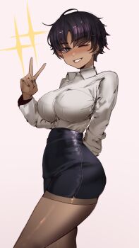 1girl absurdres black_hair black_nails black_skirt bon_(vtuber) breasts buttons collared_shirt dark-skinned_female dark_skin earrings grey_eyes high-waist_skirt highres indie_virtual_youtuber jewelry kuwae_g office_lady one_eye_closed pantyhose shirt short_hair skirt smile solo thighband_pantyhose v virtual_youtuber white_shirt