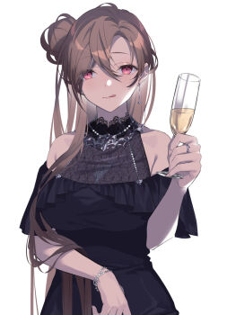 1girl :q black_dress bracelet brown_hair champagne_flute commentary_request cup dress drinking_glass earrings hair_between_eyes hair_bun highres holding holding_cup jewelry long_hair original pekoo_(pekota) pink_eyes ring solo tongue tongue_out white_background