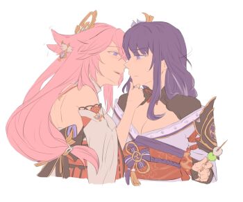 2girls absurdres animal_ears armor back_bow bare_back bare_shoulders belt black_bow bow braid breasts cleavage closed_mouth dango detached_sleeves earrings fan_hair_ornament floral_print flower food fox_ears fox_girl from_side gem genshin_impact gold_earrings hair_between_eyes hair_flower hair_ornament hand_on_another's_chin hand_up hashtag-only_commentary headpiece highres holding holding_skewer japanese_clothes jewelry kimono long_hair long_sleeves looking_at_another low-braided_long_hair low-tied_long_hair medium_breasts mitsudomoe_(shape) multiple_girls neck_ribbon nontraditional_miko obijime open_mouth pink_hair purple_bow purple_eyes purple_flower purple_gem purple_hair purple_kimono raiden_shogun red_belt red_ribbon red_sash ribbon rope sash shirt shoulder_armor sidelocks simple_background single_braid single_sidelock skewer sleeveless sleeveless_shirt smile striped_bow teeth tomoe_(symbol) turtleneck turtleneck_shirt upper_body vision_(genshin_impact) wagashi white_background white_shirt white_sleeves wide_sleeves yae_miko yurenn yuri