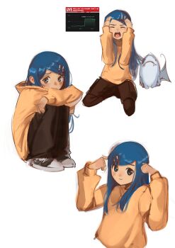 1girl absurdres black_eyes black_pants black_shoes blue_eyes blue_hair closed_eyes clutching_head commentary cropped_torso english_commentary english_text fangs graph guantanima_ii_(shadches72) hands_on_own_head highres hood hood_down hoodie kneeling live_tucker_reaction_(meme) long_hair long_sleeves looking_at_viewer looking_up meme monasterio_(shadches72) multicolored_shoes multiple_views open_mouth original pants screaming shadches72 shark shoes smile sneakers two-tone_shoes white_background white_shoes yellow_hoodie