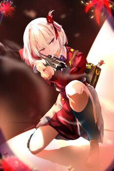 1girl animal_charm backpack bag blonde_hair bob_cut charm_(object) commentary_request dress flower full_body gun hair_ribbon handgun highres holding holding_gun holding_weapon kneehighs loafers lycoris_recoil lycoris_uniform m1911 nishikigi_chisato on_one_knee red_dress red_eyes red_ribbon ribbon sengoku_chidori shoes short_hair socks solo spider_lily two-tone_dress weapon
