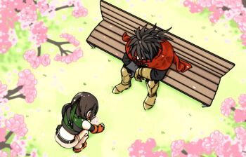 1boy 1girl armor bench black_gloves black_hair black_pants black_shirt cherry_blossoms clawed_gauntlets cloak crop_top final_fantasy final_fantasy_vii fingerless_gloves flower from_above gloves gold_armor green_shirt grey_shorts hair_between_eyes headband long_hair loose_socks midriff orange_gloves orange_shoes pants pink_flower red_cloak red_headband s_m_man shirt shoes short_hair shorts socks squatting vincent_valentine yuffie_kisaragi