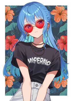 Rule 34 | 1girl, asymmetrical sidelocks, black shirt, blue eyes, blue hair, closed mouth, clothes writing, colored inner hair, commentary request, double-parted bangs, earrings, floral background, hair between eyes, half updo, highres, hololive, hoshimachi suisei, jewelry, long hair, looking at viewer, multicolored hair, nametakeko, necklace, pants, shirt, shirt tucked in, short sleeves, sidelocks, solo, star (symbol), star in eye, straight-on, sunglasses, symbol in eye, t-shirt, upper body, virtual youtuber, white pants
