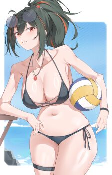 1girl absurdres alternate_costume ball bare_shoulders bikini black_bikini blue_sky border breasts collarbone commentary_request cowboy_shot elbow_rest eyewear_on_head food-themed_hair_ornament green_hair hair_intakes hair_ornament hairclip highres holding holding_ball jewelry large_breasts looking_at_viewer multicolored_hair navel necklace ocean parted_lips pendant ponytail red_eyes red_hair red_streaks round_eyewear skindentation sky solo strawberry_hair_ornament streaked_hair swimsuit thigh_strap volleyball_(object) white_border wristband xiangzuo_zhi zenless_zone_zero zhu_yuan