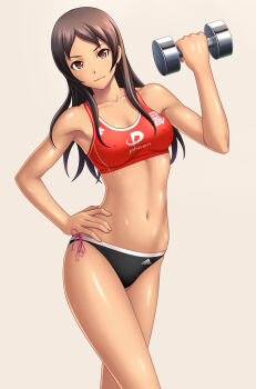 1girl adidas armpits bikini breasts brown_eyes brown_hair contrapposto copyright_request covered_erect_nipples dark-skinned_female dark_skin dumbbell exercising female_focus highres kuri_(kurigohan) long_hair looking_at_viewer medium_breasts product_placement shiny_skin side-tie_bikini_bottom solo sports_bikini sportswear standing swimsuit tan toned toned_female weightlifting weights