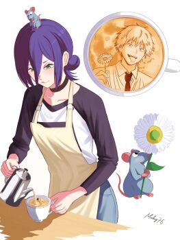 Rule 34 | 1boy, 1girl, apron, artist name, black choker, black necktie, black sleeves, blonde hair, blue pants, breasts, chainsaw man, choker, collared shirt, commentary, denji (chainsaw man), english commentary, flower, hair between eyes, hair bun, highres, holding, holding flower, holding pitcher, mccheese, medium breasts, medium hair, mouse on head, necktie, open mouth, pants, pitcher (container), pouring, print shirt, purple hair, ratatouille, reze (chainsaw man), sharp teeth, shirt, short hair, smile, teeth, tongue, tongue out, updo, white background, white flower, white shirt, yellow apron