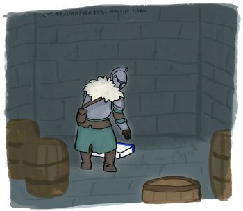 1other ambiguous_gender barrel bearer_of_the_curse black_gloves black_pants boots border brick_wall brown_boots commentary_request dark_souls_(series) dark_souls_ii dated from_behind full_body fur_collar game_console gloves green_shirt helm helmet i_(1290117) indoors looking_at_viewer looking_back other_focus pants playstation_5 shirt solo standing translation_request white_border