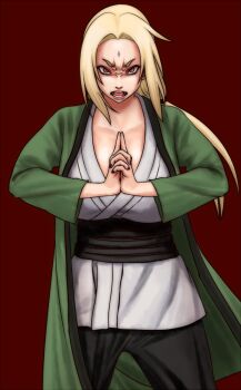Rule 34 | 1girl, angry, blonde hair, brown eyes, facial mark, female focus, forehead mark, highres, japanese clothes, kamisuki, long hair, looking at viewer, nail polish, naruto (classic), naruto (series), simple background, solo, standing, tsunade (naruto)
