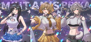 3girls \m/ absurdres ahoge anis_(nikke) anis_(star)_(t.t._star)_(nikke) aqua_headband backsine bare_shoulders belt black_choker black_hair black_sports_bra blue_eyes blue_headband blue_nails blue_skirt blush breasts brown_belt brown_hair cat_ornament character_name choker clothing_cutout commentary cropped_shirt fingerless_gloves fish_hair_ornament gloves goddess_of_victory:_nikke green_shorts grey_gloves grey_hair grey_shirt hair_ornament hairband headband headset highres idol jacket jewelry large_breasts long_hair looking_at_viewer midriff mint_(nikke) multiple_girls navel necktie official_alternate_costume open_mouth plaid_clothes plaid_necktie prika_(nikke) shirt short_hair shorts single_bare_shoulder skirt sleeveless smile spiked_choker spikes sports_bra star_(symbol) t.t._star_(nikke) teeth upper_teeth_only v white_headband white_shirt yellow_jacket yellow_necktie yellow_skirt