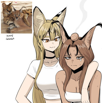 2girls animal_ears arm_over_shoulder black_choker black_eyes breasts caracal choker creature_and_personification crop_top cropped_shirt dark-skinned_female dark_skin fangs full_body gegegekman head_bump highres large_breasts long_hair long_sleeves looking_at_another midriff multicolored_hair multiple_girls open_mouth original pants personification photo_inset reference_inset serval serval_gf_(gegegekman) shirt simple_background smile strapless tail tan tears teeth tube_top white_background