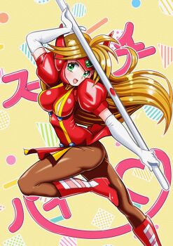 Rule 34 | 1girl, :d, abstract background, arm up, blonde hair, blush, boots, breasts, brown pantyhose, character name, commentary request, dress, elbow gloves, foot out of frame, gem, gloves, green eyes, green gem, heart, helmet, hiro68, holding, holding tenbou, idol janshi suchie-pai, knee up, long hair, mahjong, medium breasts, open mouth, orange hair, pantyhose, pelvic curtain, puffy short sleeves, puffy sleeves, red boots, red dress, red helmet, short sleeves, smile, solo, suchie-pai, tenbou, tight clothes, tight dress, very long hair, white gloves, yellow background, yellow trim