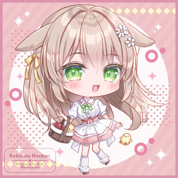 1girl :3 :d animal_ears apple artist_name baby_animal basket bird blush bow bowtie brown_hair brown_shoes chibi chibi_only chick collared_shirt commentary_request commission food frilled_skirt frills fruit full_body green_bow green_bowtie green_eyes kohinata_hoshimi long_hair open_mouth original pink_background pink_skirt pixiv_commission rabbit_ears rabbit_girl shirt shoes short_sleeves skirt smile socks solo standing standing_on_one_leg white_shirt white_socks